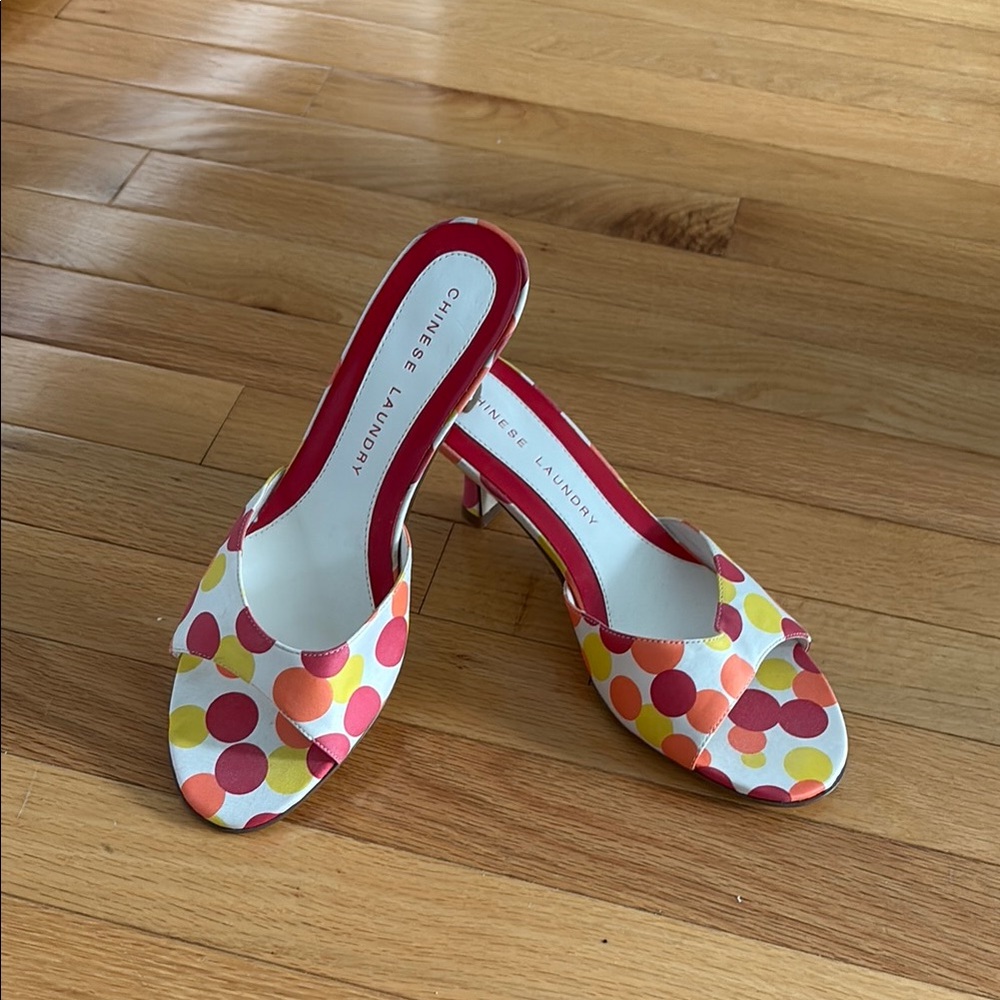 Chinese Laundry Red, Orange, Yellow Heels with Playful Polka Dots size 8
